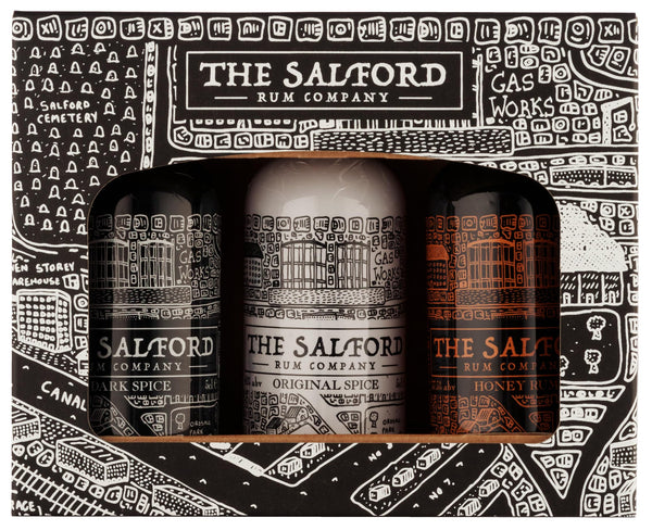 The Salford Rum Company Miniature Gift Set 3 x 5cl - Original (40% ABV), Dark Spiced (40% ABV) & Honey Rum (37.5% ABV) - Spirit Drinks Set - Tasty, Delicious & Thoughtful Gift Idea For All Occasions