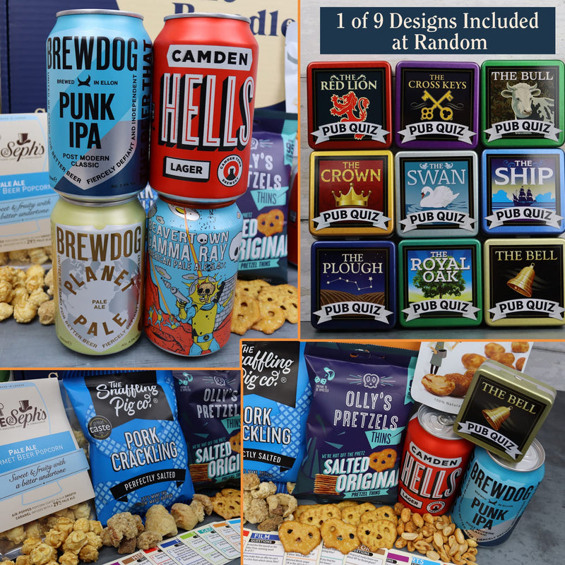 Craft Beer Gift Set Hamper for Men from The Bundle Hut: Pub in a Box Includes 4 Craft Beer Cans, Snacks and a Pub Quiz Game - Birthday Gift for Him, Beer Gift for Dad (Blue Box) - Gift Guide