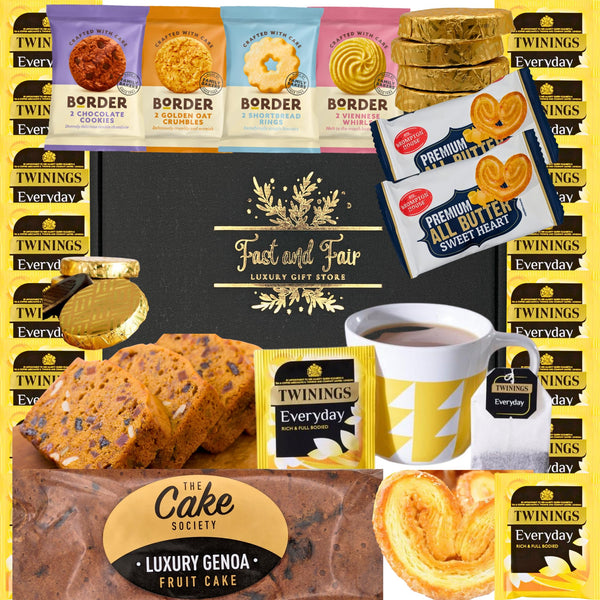 Luxury Tea & Cake Gift Set - Food Gift Hamper with Everyday Tea, Premium Genoa Fruit Cake, Border Biscuit Selection, All Butter Sweethearts & Mint Chocolate Crisps - 27 Items in Gold Embossed Gift Box - Gift Guide