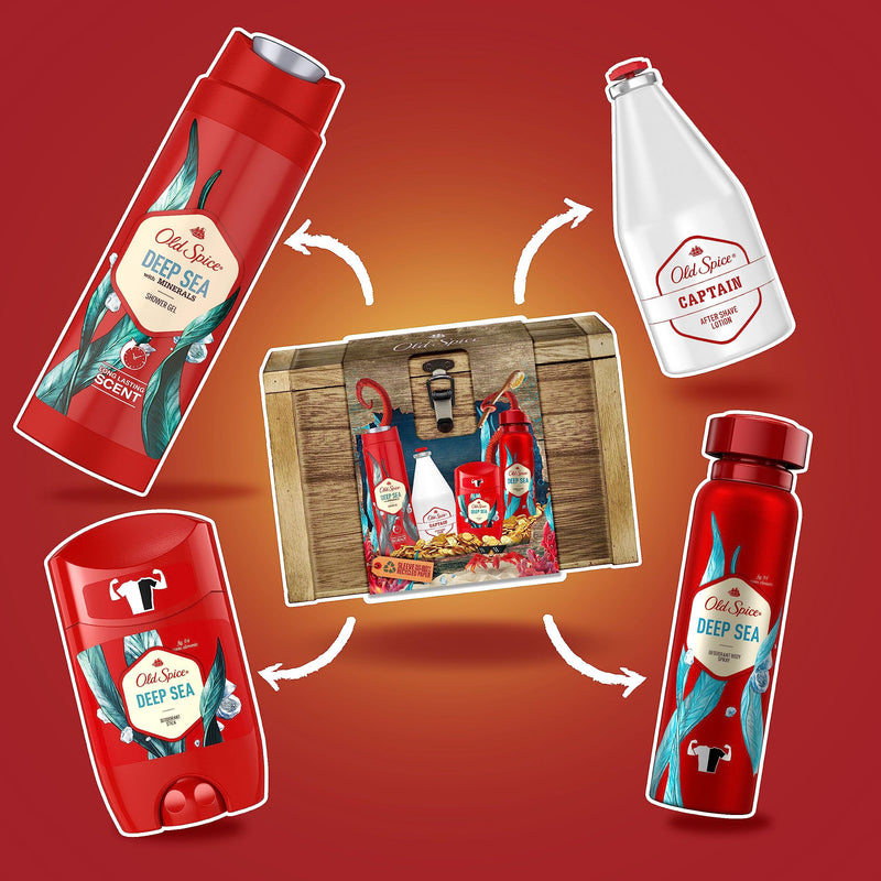 Old Spice Treasure Chest Gift Box, Father’s Day Gifts for Men, Deep Sea Deodorant Stick 50ml, Deodorant Spray 150ml, Shower Gel 250ml and Captain Aftershave 100ml