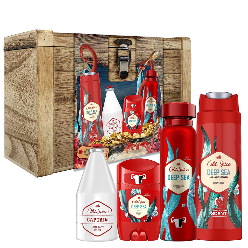 Old Spice Treasure Chest Gift Box, Father’s Day Gifts for Men, Deep Sea Deodorant Stick 50ml, Deodorant Spray 150ml, Shower Gel 250ml and Captain Aftershave 100ml