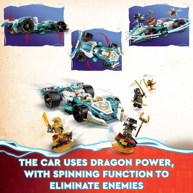 LEGO NINJAGO Zane's Dragon Power Spinjitzu Racing Car Toy for 7 Plus Year Old Kids, Boys & Girls, Vehicle Construction Set with Spinning Function and 4 Minifigures, Birthday Gift Idea 71791