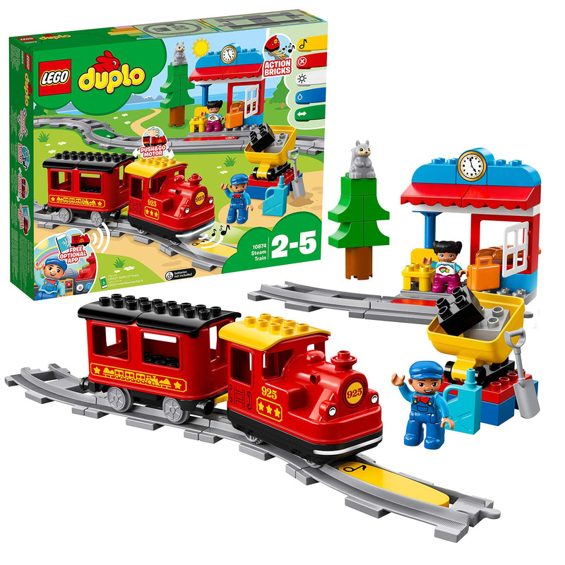 LEGO 10874 DUPLO Town Steam Train, Toys for Toddlers, Boys and Girls Age 2-5 Years Old & 10913 DUPLO Classic Brick Box Building Set with Storage, Toy Car, Number Bricks and More