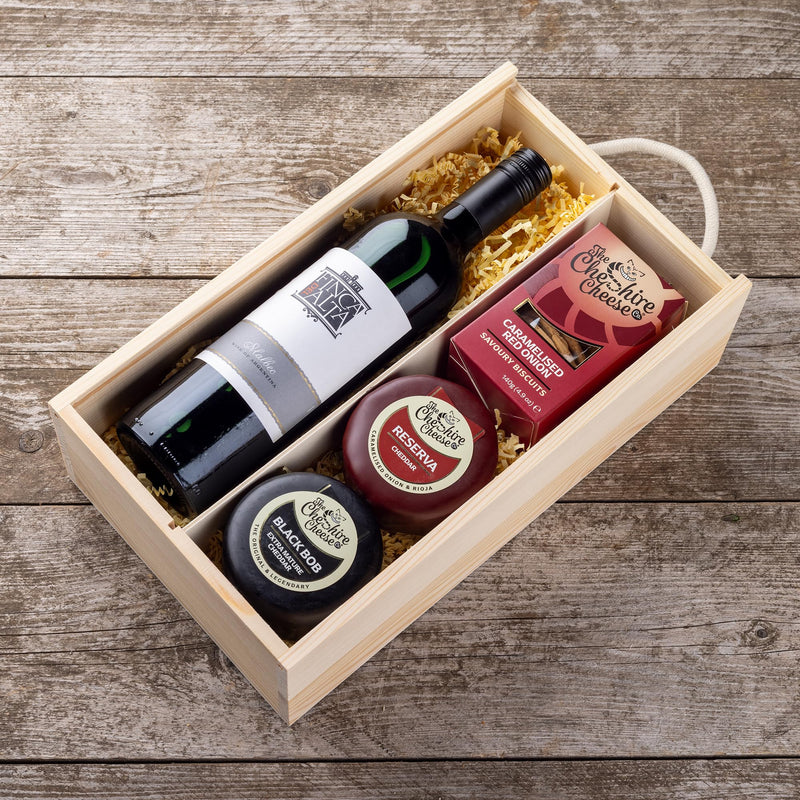 Cheshire Cheese Company | Duo of Cheese and Wine Gift Box – The Perfect Night In | Award Winning 2 Cheeses, 1 Biscuits & Red Wine Gift Set in Presentation Box | Luxury Food Hamper for Birthdays & more - Gift Guide