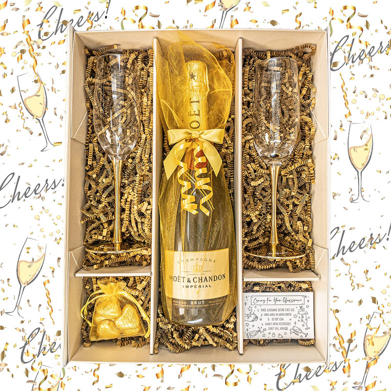 Moët & Chandon Champagne 750ml Gift Set Hamper With Two Matching Metallic Gold Champagne Flutes, Chocolates and Gift Box - Congratulations Gift With Personalised Gift Message (Gold Metallic Stems)
