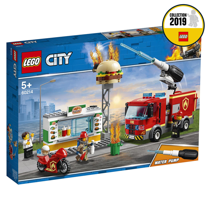 LEGO 60214 City Burger Bar Fire Rescue Set with Truck and Motorbike Toy Vehicles and Firefighter Minifigure, Gifts for 5 Plus Years Old Boys & Girls