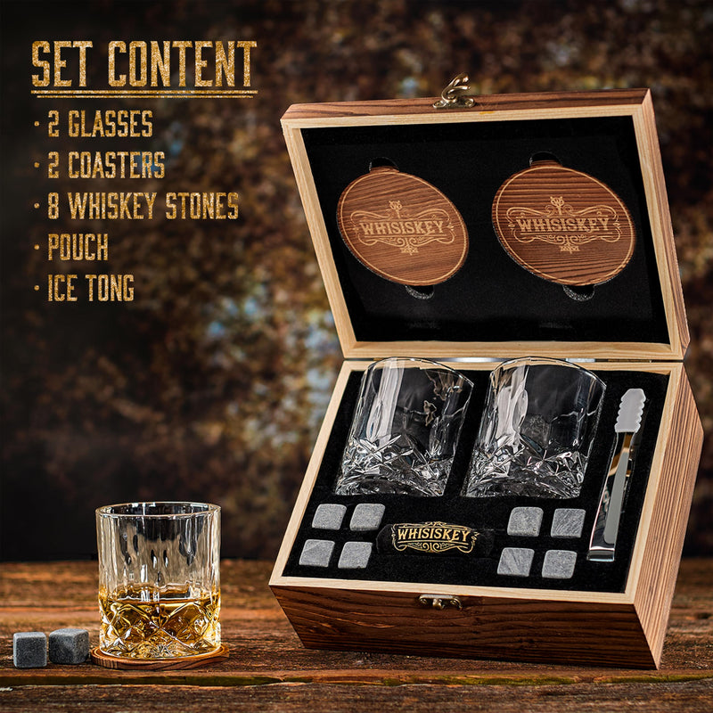 Whisiskey - Whisky Glasses Set - Whisky Accessories Set - Whisky Gift Set - 8 Whiskey Stones & 2 Glasses & 2 Coasters & Pliers - Ice Cubes Reusable – Whiskey Glasses Set of 2 - Gifts for Men