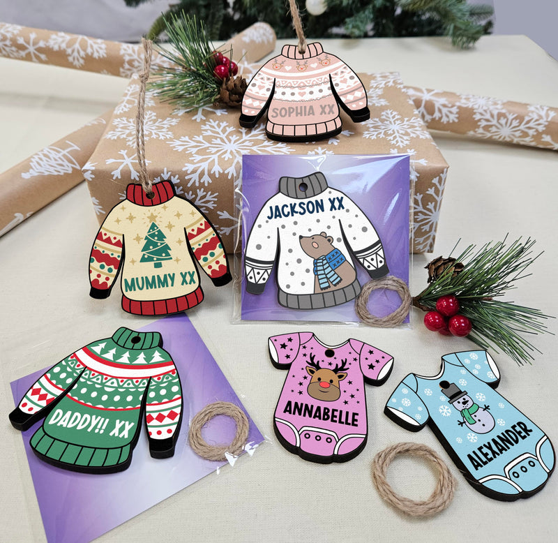 The Plum Penguin Personalised Novelty Christmas Jumper Bauble Festive MDF Ornament with Custom Name Choice of Xmas Pattern (Grey Winter Bear) - Gift Guide