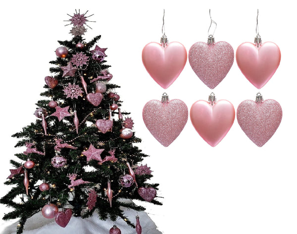 6pc Large Glitter & Matte Heart Baubles - Great Christmas Tree Decorations, Heart Baubles (Blush) - Gift Guide