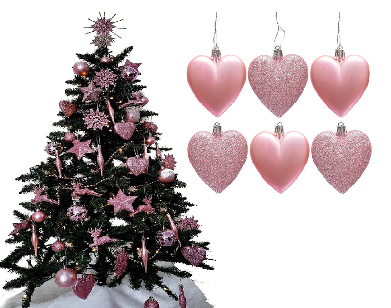 6pc Large Glitter & Matte Heart Baubles - Great Christmas Tree Decorations, Heart Baubles (Blush) - Gift Guide