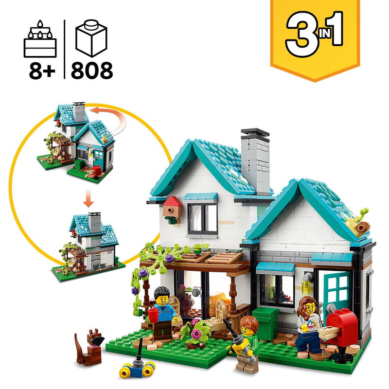 LEGO 31139 Creator 3 in 1 Cosy House Toy Set, Model Building Kit with 3 Different Houses plus Family Minifigures and Accessories, Gift for Kids, Boys and Girls