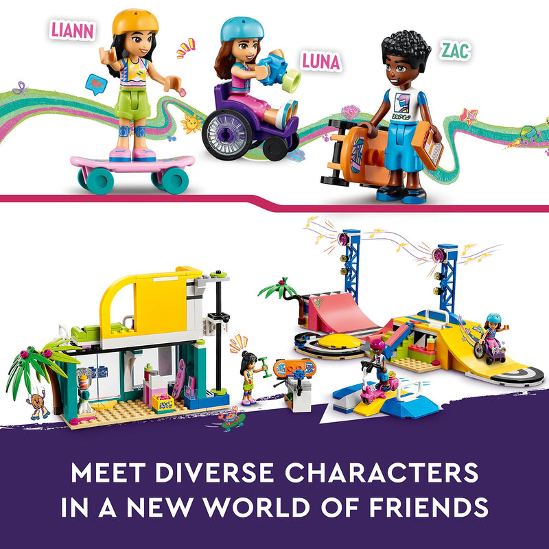 LEGO 41751 Friends Skate Park, Skateboard Toys for Kids, Girls and Boys Aged 6 Plus, Mini-Doll Playset with Toy Scooter and Wheelchair, Birthday Gift Idea, 2023 Characters