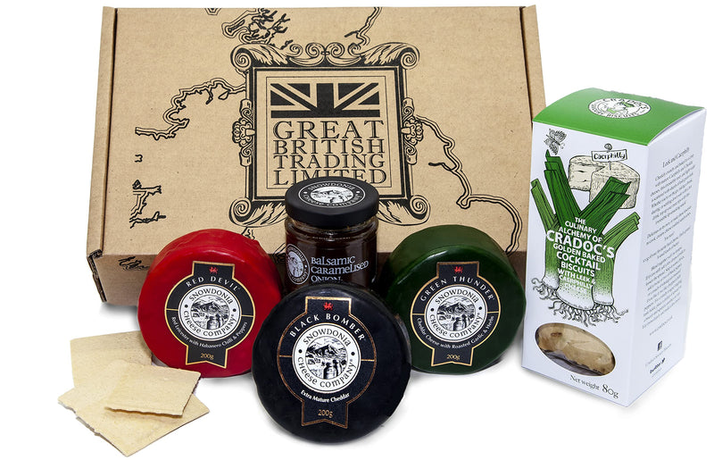 Snowdonia Welsh Cymru Cheese Hamper Truckles with Onion Chutney and Cradocs Crackers Welsh Gift Hamper from GREAT BRITISH TRADING LIMITED - Gift Guide