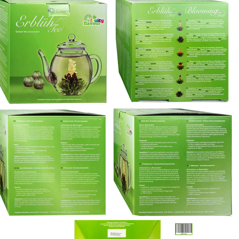 Creano Blooming Tea Gift Set – Flowering Tea Giftset with 500 ml Glass Tea Pot and Heart-Shaped Wooden Box with 6pcs Tea Flowers - Green Tea - Gift Guide