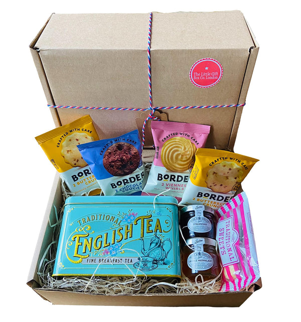 Tea Gift Set Hamper with Biscuits. English Breakfast Tea in Vintage Tin, British Jam, Marmalade & Border Biscuits. Luxury mini Hamper for Men, Women or small Afternoon tea gift. - Gift Guide