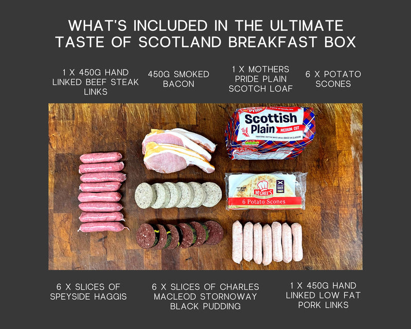Reilly & Sons Ultimate Taste of Scotland Breakfast Box - Contains World Famous Charles MacLeod Stornoway Black Pudding, Low Fat Pork Links, Beef Steak Links, Haggis, Smoked Bacon - Gift Guide