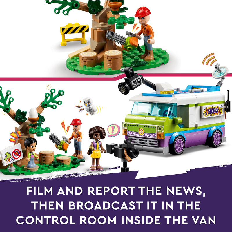 LEGO Friends Newsroom Van, Animal Rescue Playset, Pretend to Film and Report News with Toy Truck, Owl Figure and Aliya Mini-Doll, Gift for Girls, Boys and Kids 6 Plus Years Old 41749