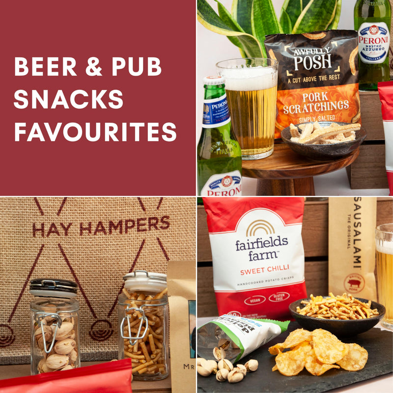 Beer and Pub Snacks Hamper - Gift Hamper with Peroni Lager, Crisps, Pork Scratchings, Pistachio Nuts, Sausalami, Spicy Snacks - Gift for Dad, Best Dad Hamper, Beer Hamper for Men - Gift Guide