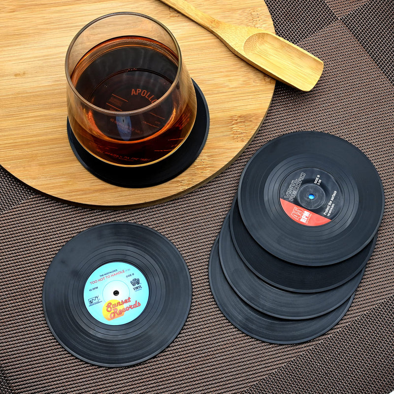 Drink Coasters Set of 6 Cup Pad Retro CD Record Mug Mat with Non-slip Tabletop Protection for Glasses Espresso/Coffee/Tea/Milk/Beer/Wine Glass Cup Home café Bar & Bistro Round 10.5cm