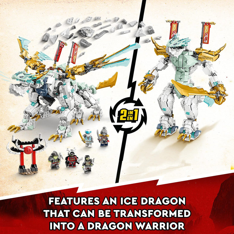 LEGO NINJAGO Zane’s Ice Dragon Creature 2in1 Dragon Toy to Action Figure Warrior, Model Building Kit, Construction Set for Kids, Boys & Girls with 5 Minifigures 71786