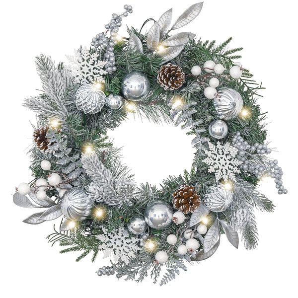 Valery Madelyn 18inch/45cm Pre-lit Christmas Wreath for Front Door, Frozen Winter Silver White Wreath with Baubles and Pine Cone, Xmas Reef with Led Lights and Timer Function for Christmas Decoration - Gift Guide