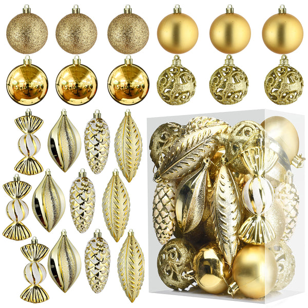 Prextex Gold 24-Piece Shatterproof Christmas Ball Ornaments The Perfect Glitter Balls, Christmas Tree Baubles Christmas Decorations, Exquisite Xmas Combo of 8 Christmas Balls and Shape Styles - Gift Guide