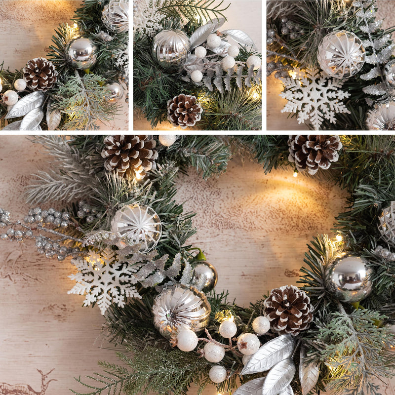 Valery Madelyn 18inch/45cm Pre-lit Christmas Wreath for Front Door, Frozen Winter Silver White Wreath with Baubles and Pine Cone, Xmas Reef with Led Lights and Timer Function for Christmas Decoration - Gift Guide